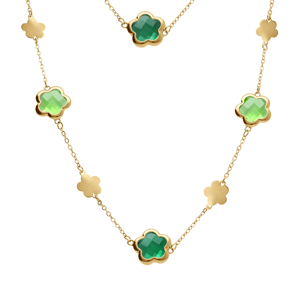 Collier en acier doré sautoir pastilles fleur et oxydes forme fleur vert clair