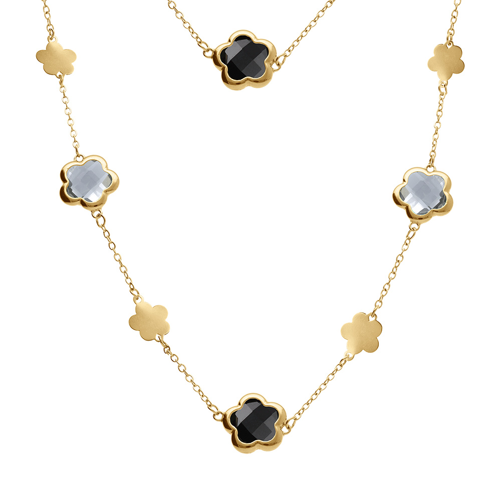 Collier acier doré sautoir pastilles fleur et oxydes forme fleur noirs et blancs