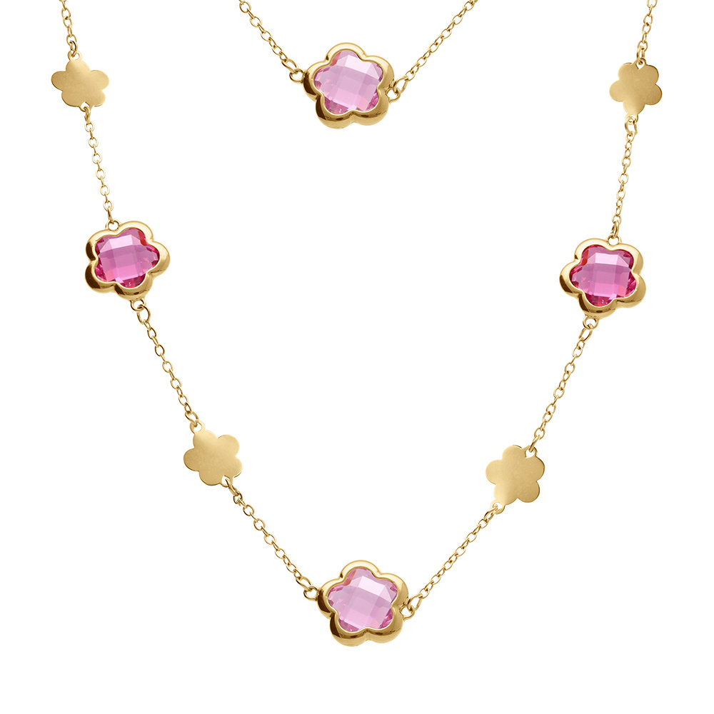 Collier en acier doré sautoir pastilles fleur et oxydes forme fleur rose clair