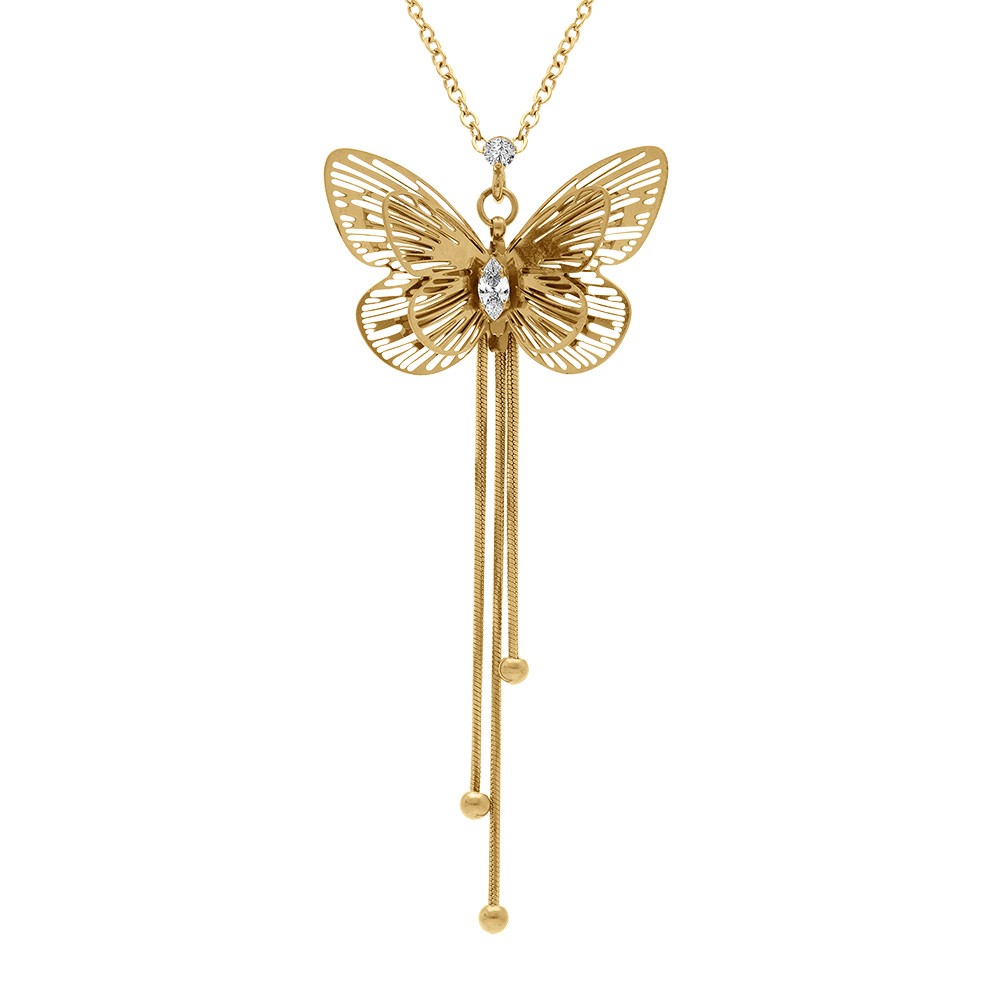Collier en acier doré pendentif papillon oxyde blanc et pendant trois fils - 45+5cm Collier en acier doré pendentif papillon oxyde blanc et pendant trois fils - 45+5cm