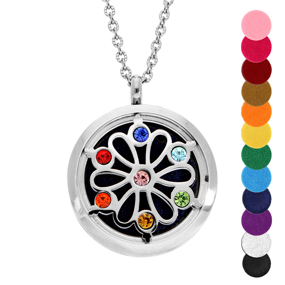 Collier avec Pendentif diffuseur de parfum médaillon fleur de vie 7 chakras - réglable 45 à 65cm