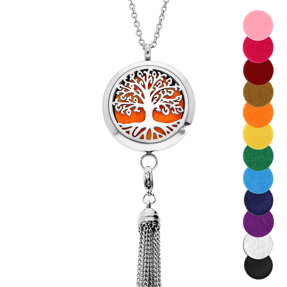 Collier avec Pendentif diffuseur de parfum médaillon arbre de vie et pompon chaînettes - réglable 45 à 65cm