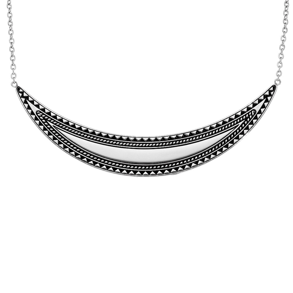 Collier en acier patiné plastron motif noir et acier 42+3cm