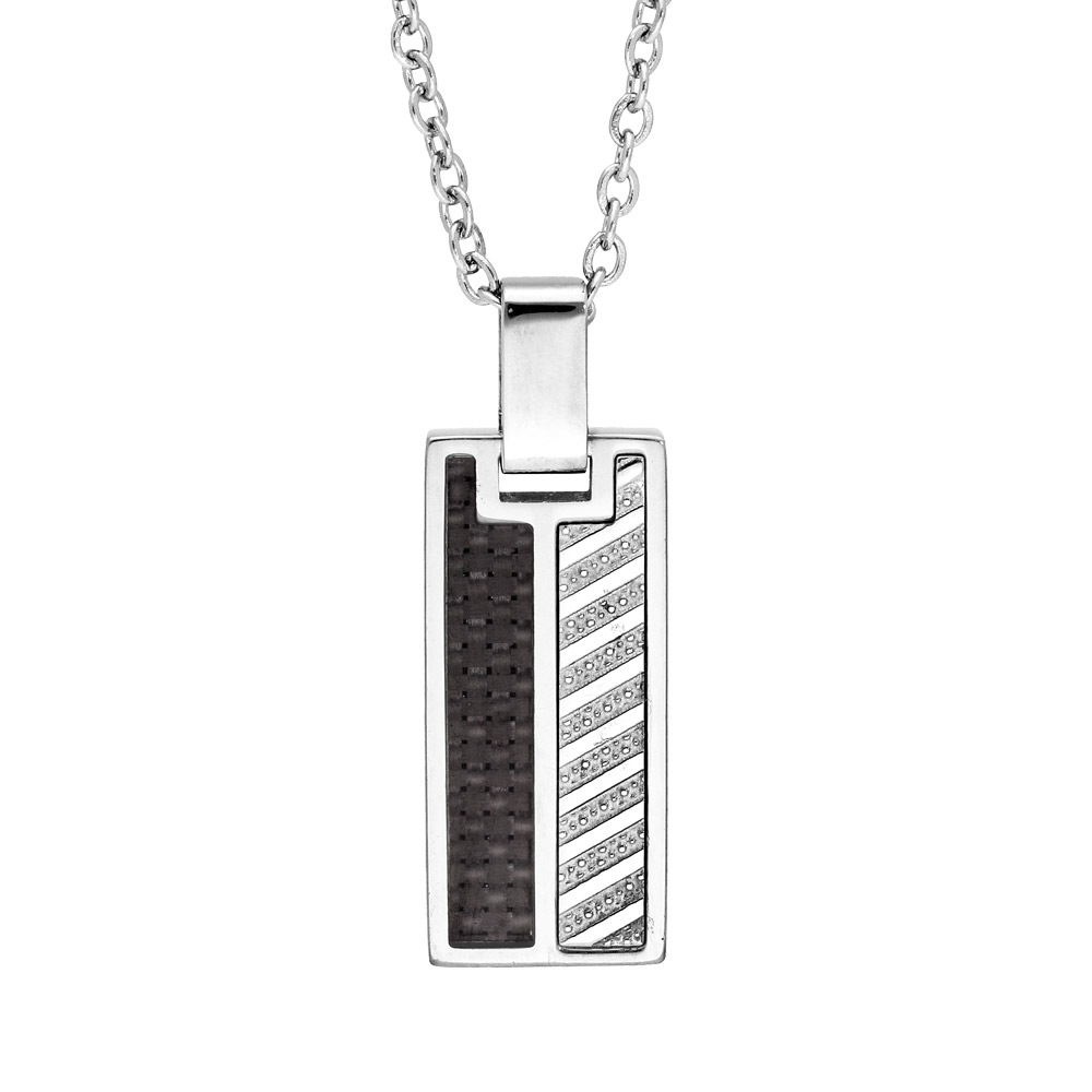 Collier en acier avec Pendentif plaque rectangulaire carbone et motif geométrique 50+5cm