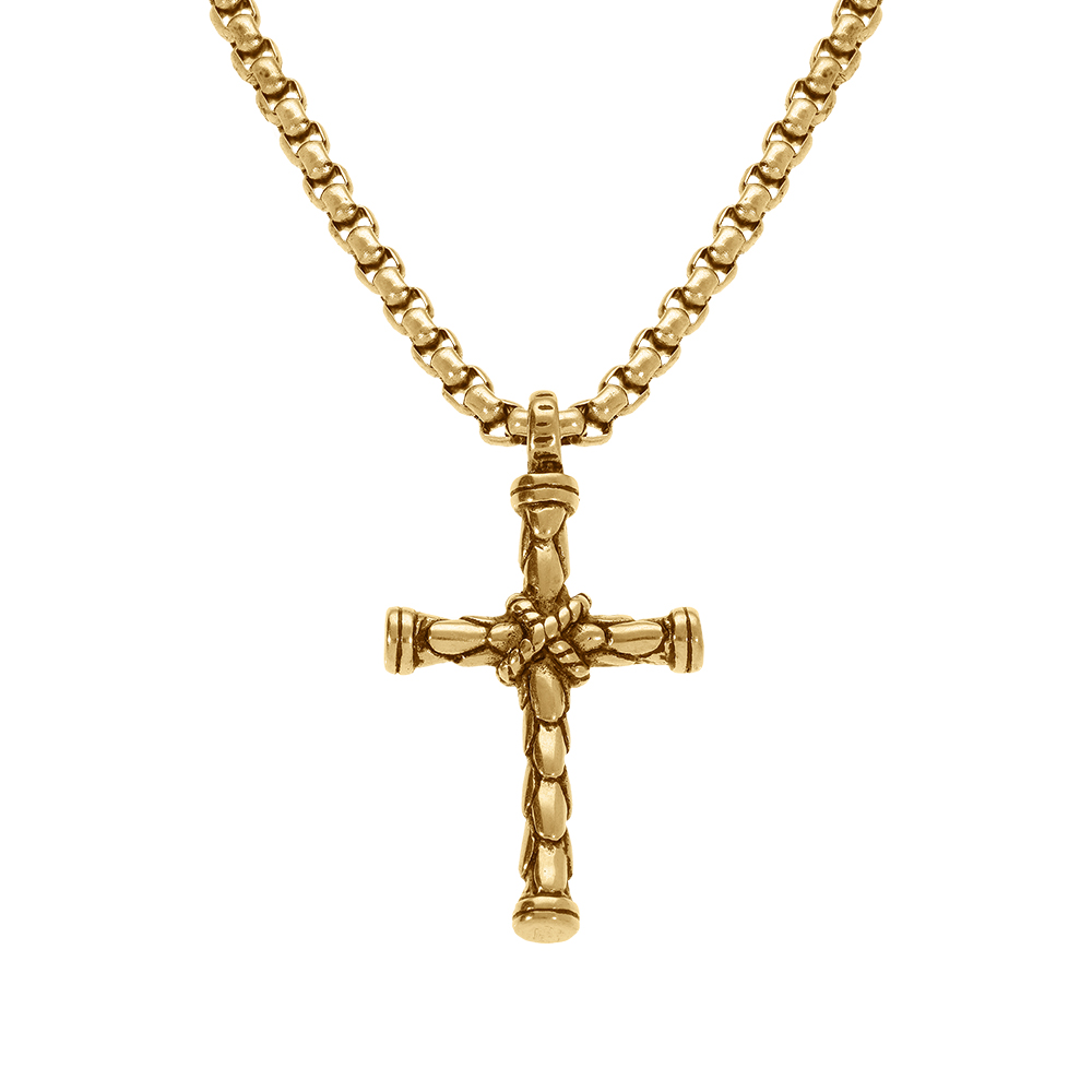 Collier en acier et PVD jaune chaîne maille jaseron avec pendentif croix longueur 55+10cm