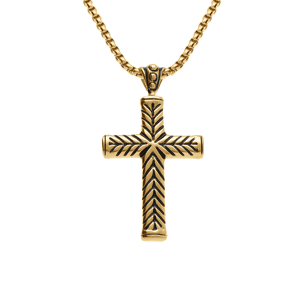 Collier en acier et PVD jaune chaîne maille jaseron avec pendentif grosse croix longueur 55+10cm