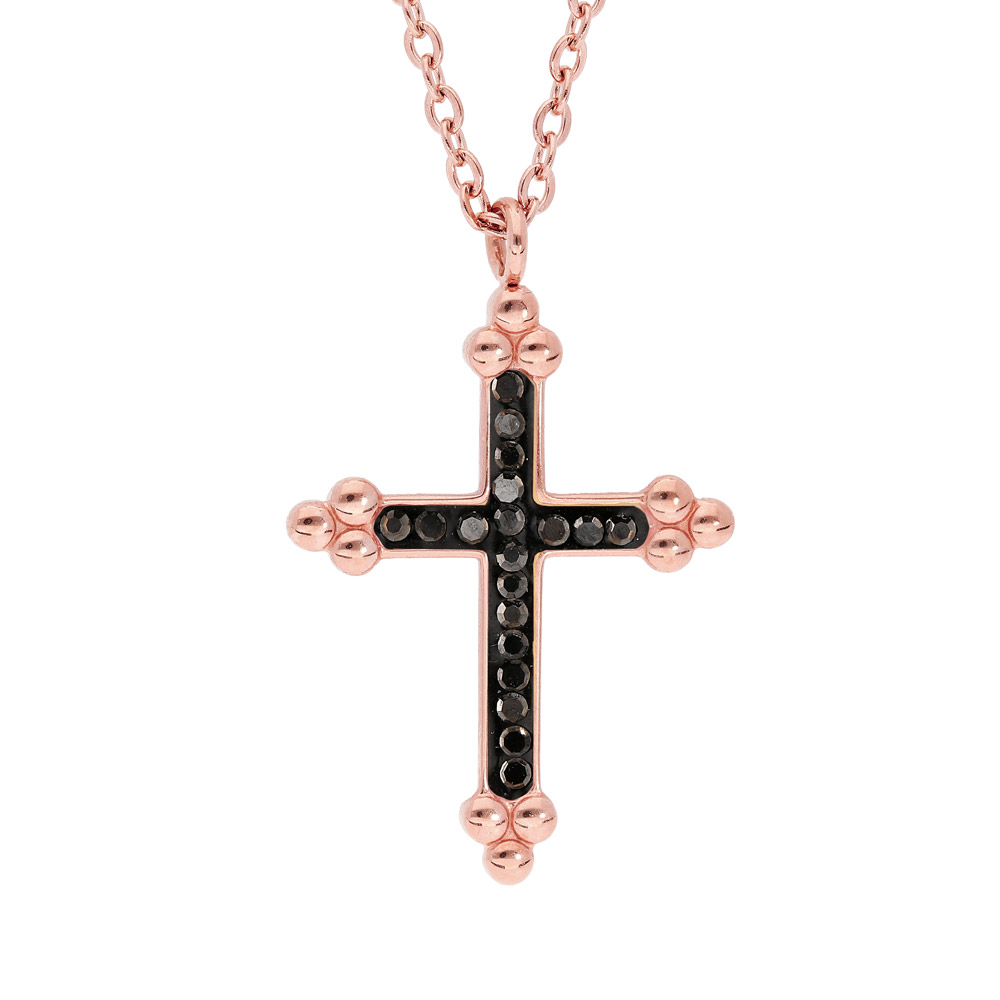 Collier en acier et PVD rose avec Pendentif Croix (17X3mm) résine noire et pierres noires - 45+5cm
