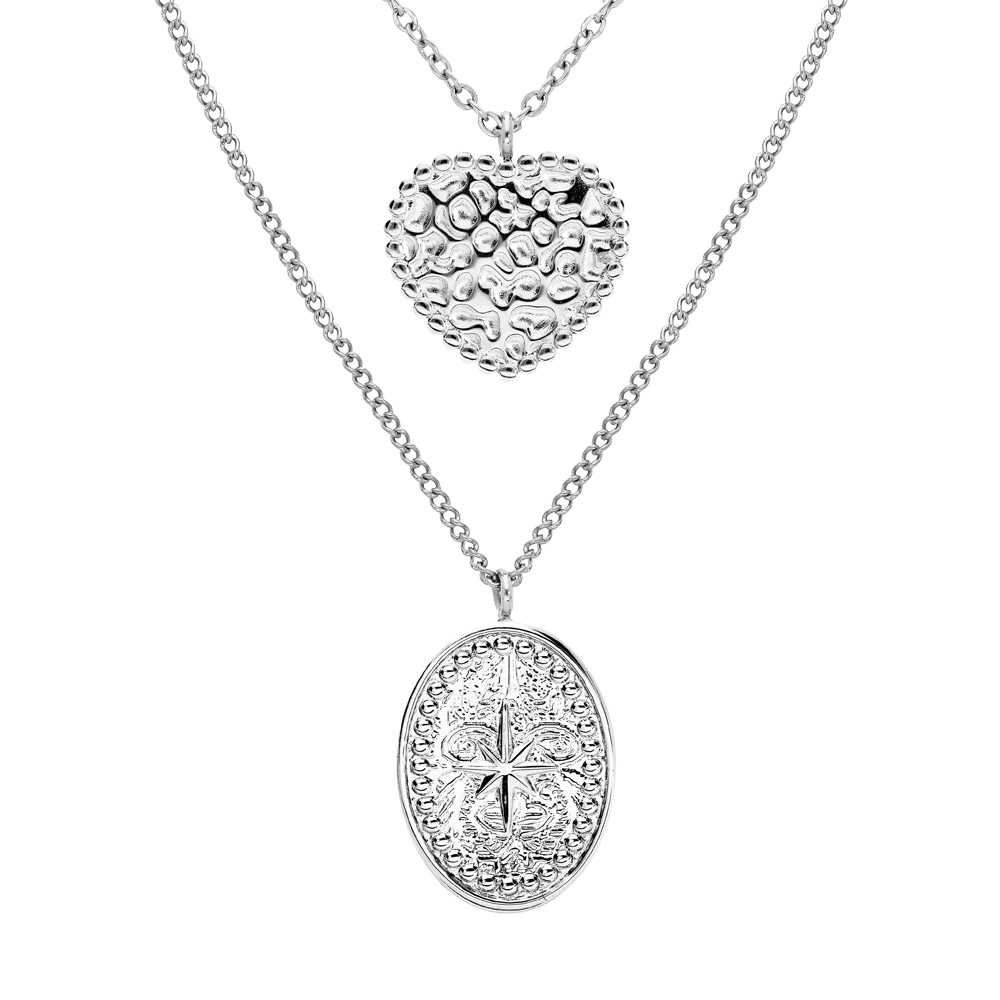Collier en acier double chaîne avec Pendentif coeur et ovale motif étoile 50+5cm