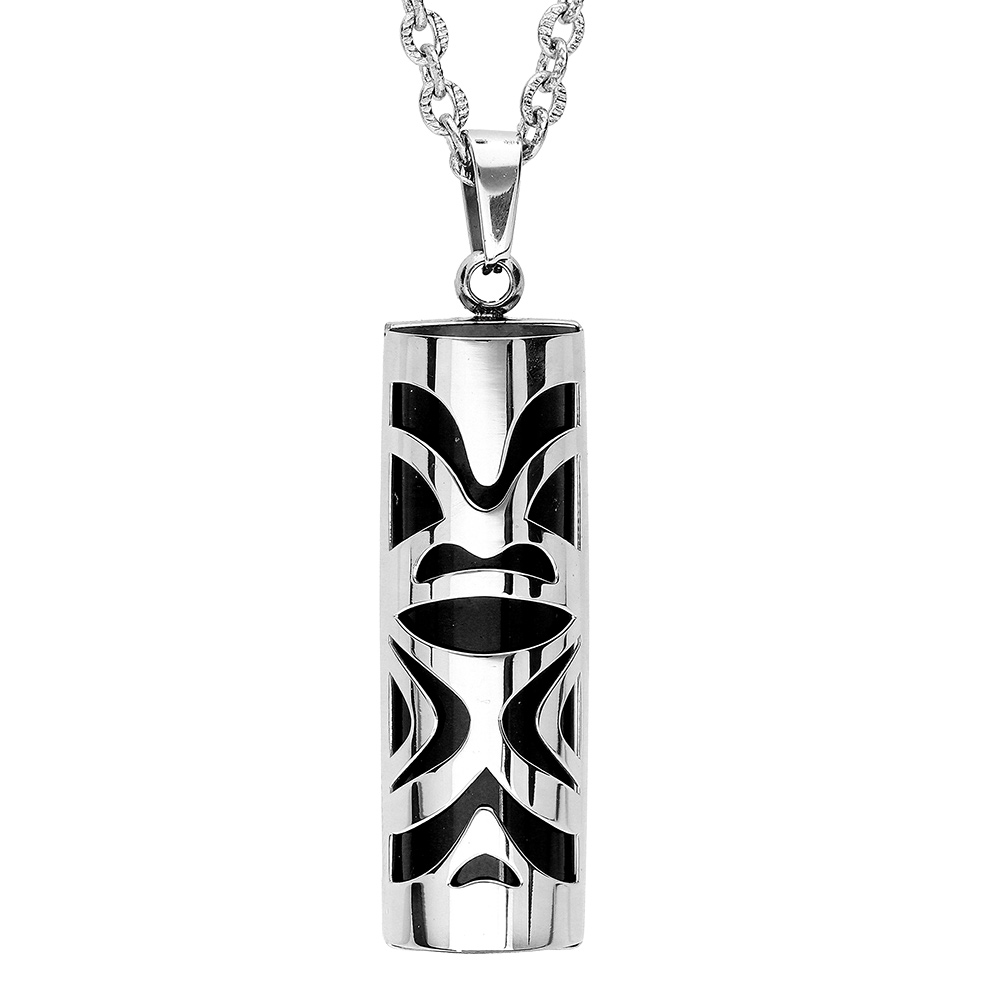 Collier en acier avec Pendentif Tiki force 30mm diamètre 9mm - agate noire véritable - 50+5cm