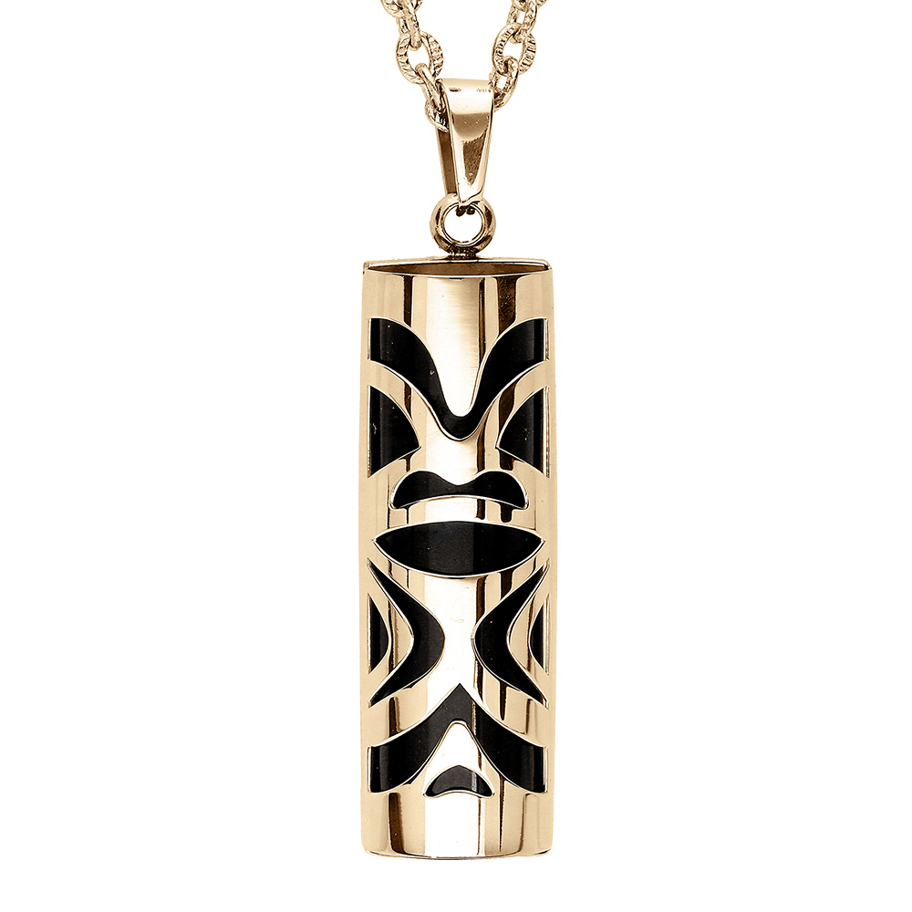 Collier en acier et PVD doré chaîne avec pendentif Tiki prospérité 30mm diamètre 9mm agate noire véritable - 50+5cm