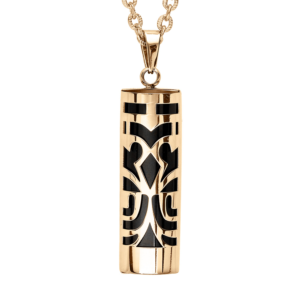 Collier en acier et PVD doré chaîne avec pendentif Tiki protection 30mm diamètre 9mm agate noire véritable - 50+5cm