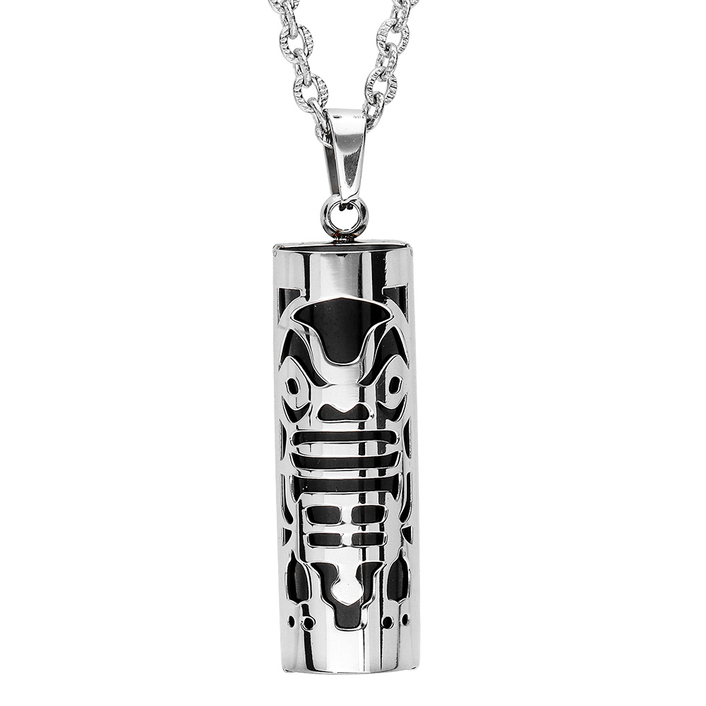 Collier en acier Pendentif Tiki amour 30mm diamètre 9mm agate noire véritable - 50+5cm