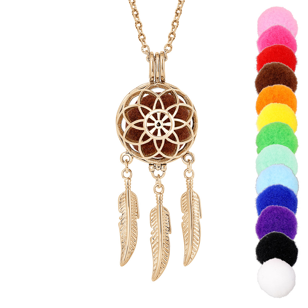 Collier Bola diffuseur de parfum attrape rêve et fleur PVD jaune - réglable 60 à 100cm
