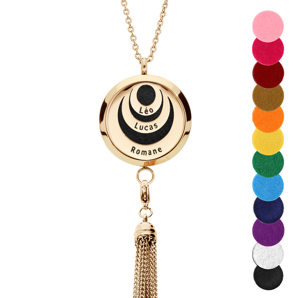 Collier Prénom avec Pendentif diffuseur de parfum médaillon cercles PVD jaune à graver - réglable 45 à 65cm