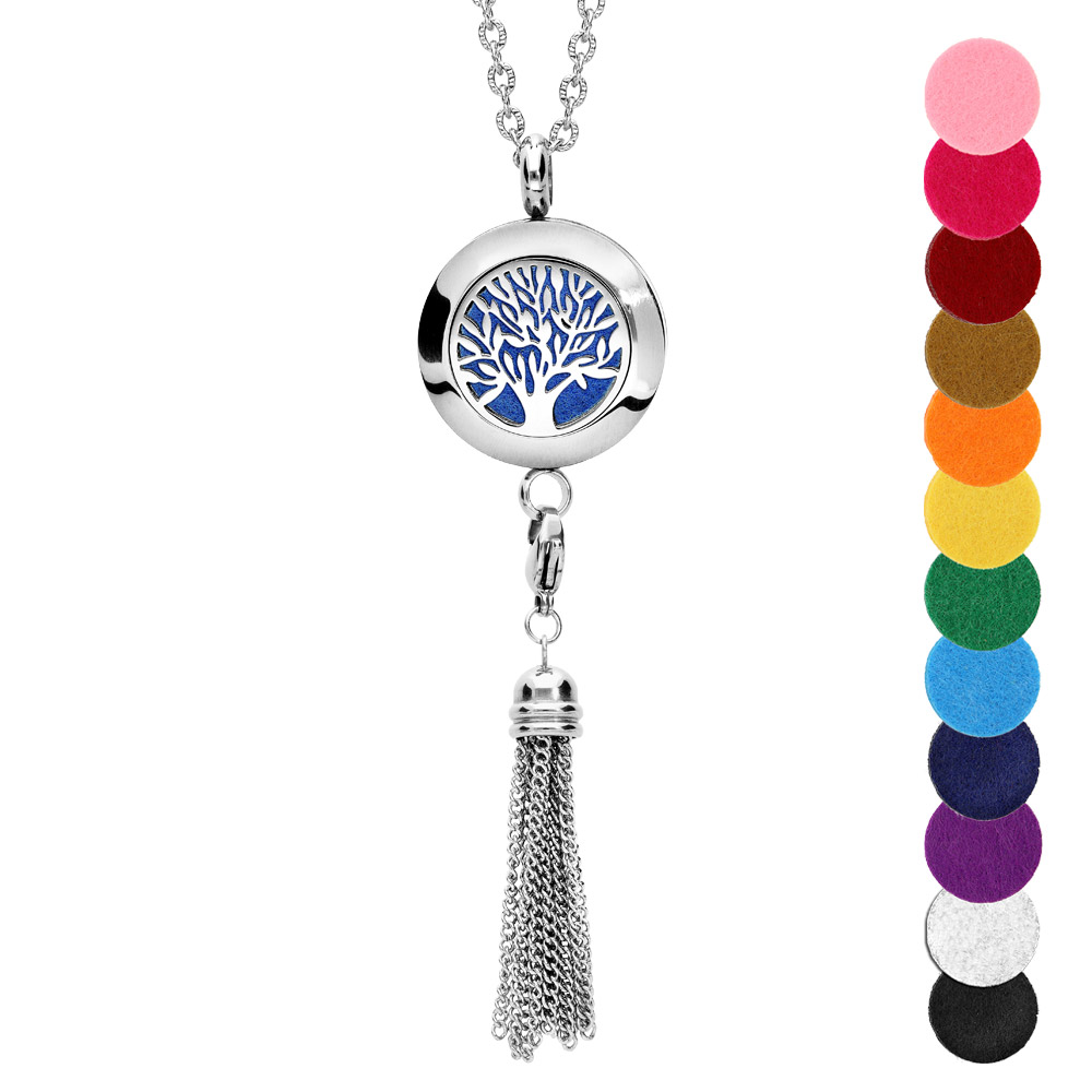 Collier avec Pendentif diffuseur de parfum médaillon arbre de vie et pompon - réglable 45 à 65cm