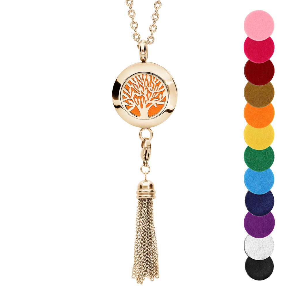 Collier avec Pendentif diffuseur de parfum médaillon arbre de vie et pompon PVD jaune - réglable 45 à 65cm