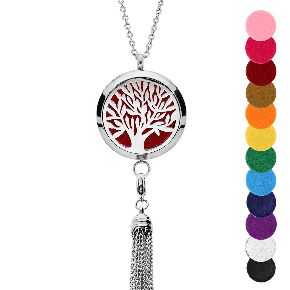 Collier avec Pendentif diffuseur de parfum grand médaillon arbre de vie et pompon - réglable 45 à 65cm