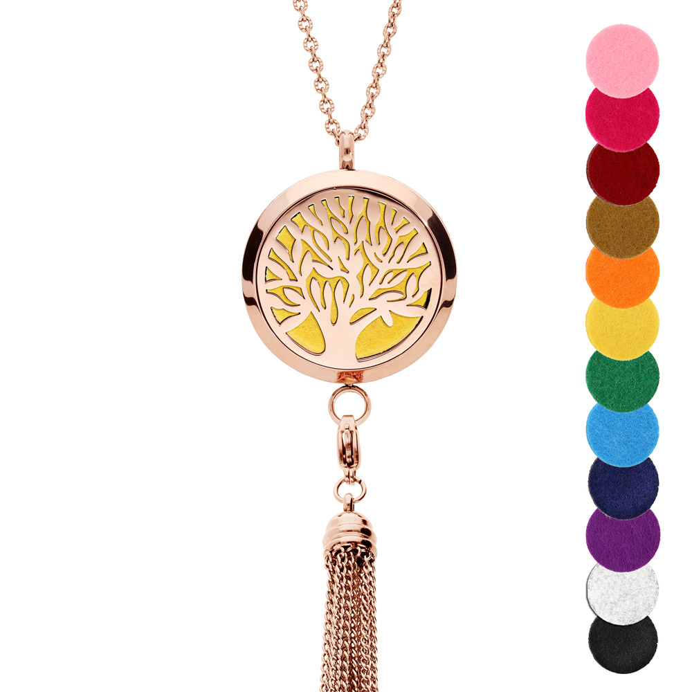Collier avec Pendentif diffuseur de parfum grand médaillon arbre de vie et pompon PVD rose - réglable 45 à 65cm