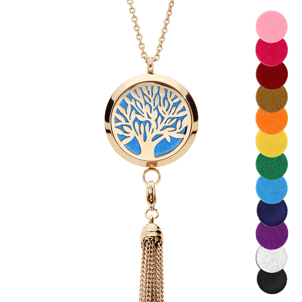 Collier avec Pendentif diffuseur de parfum grand médaillon arbre de vie et pompon PVD jaune - réglable 45 à 65cm