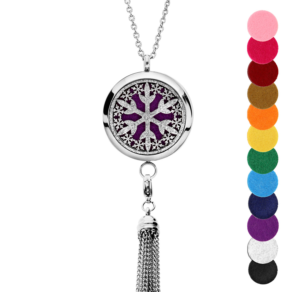 Collier avec Pendentif diffuseur de parfum flocon de neige et pompon - réglable 45 à 65cm
