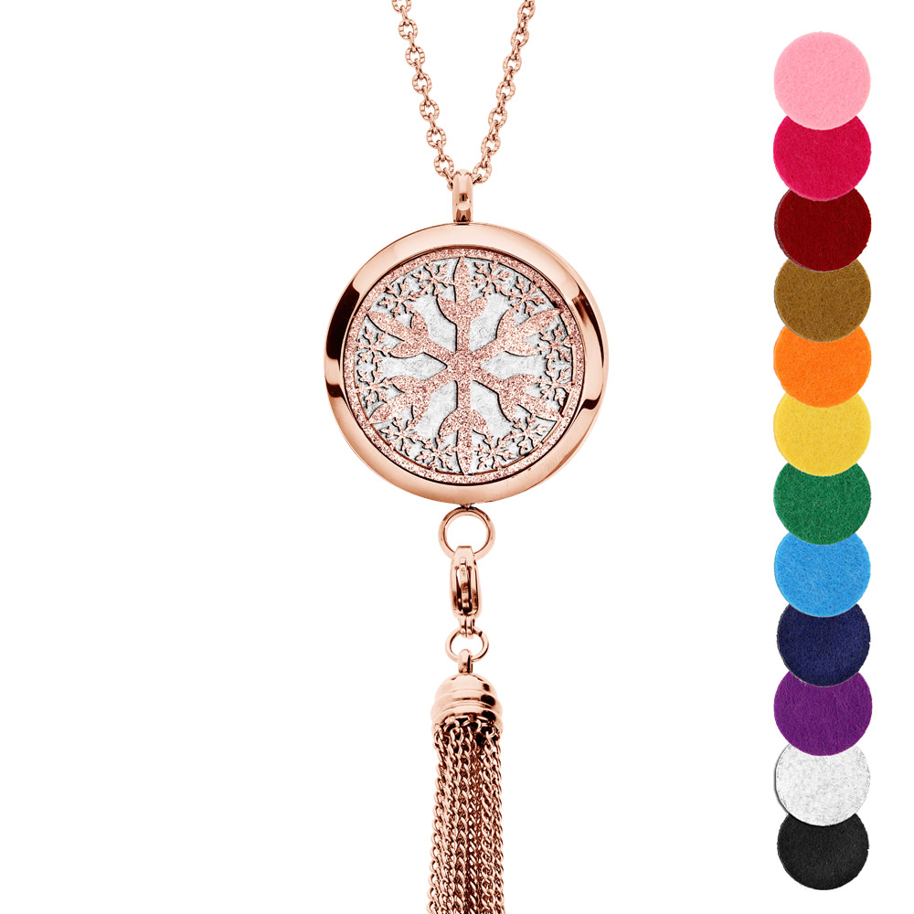 Collier avec Pendentif diffuseur de parfum flocon de neige et pompon PVD rose - réglable 45 à 65cm
