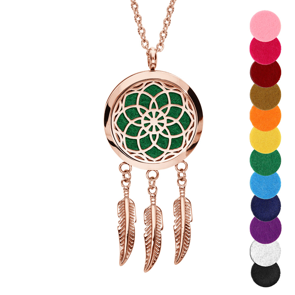 Collier diffuseur de parfum grand attrape rêve et rosace PVD rose - réglable 45 à 65cm