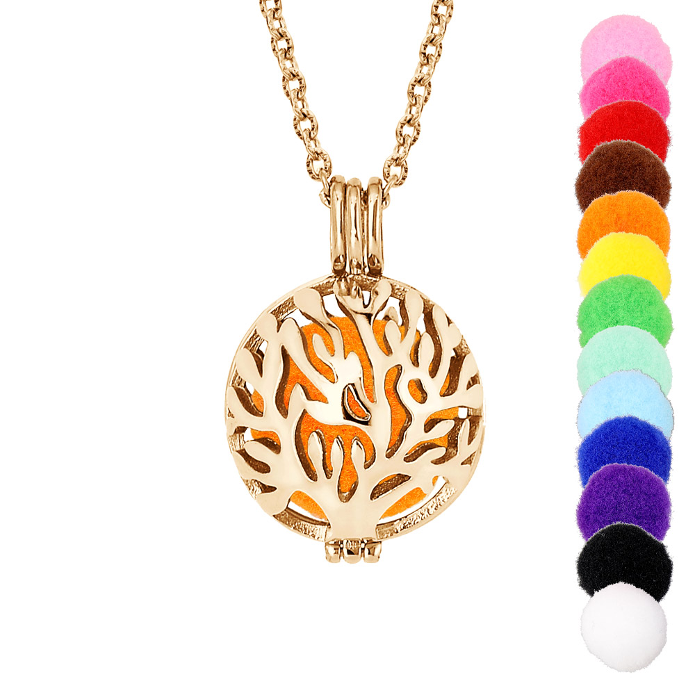 Collier senteur et bola acier et PVD doré boule Arbre de Vie 13 mousses interchangeables couleurs assorties - réglable 60 a 100cm