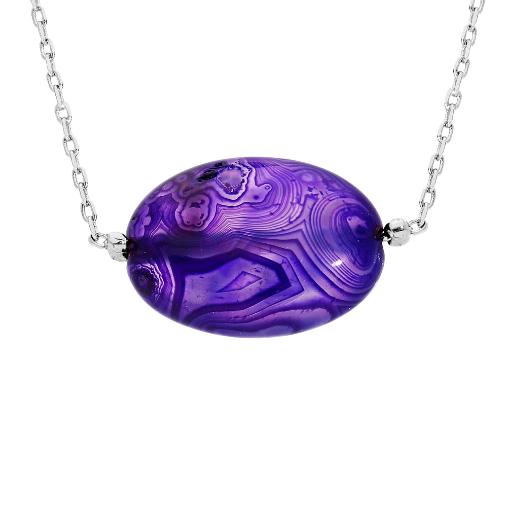 Collier en acier chaîne avec pierre naturelle Agate violette 42+3cm (spiritualité)