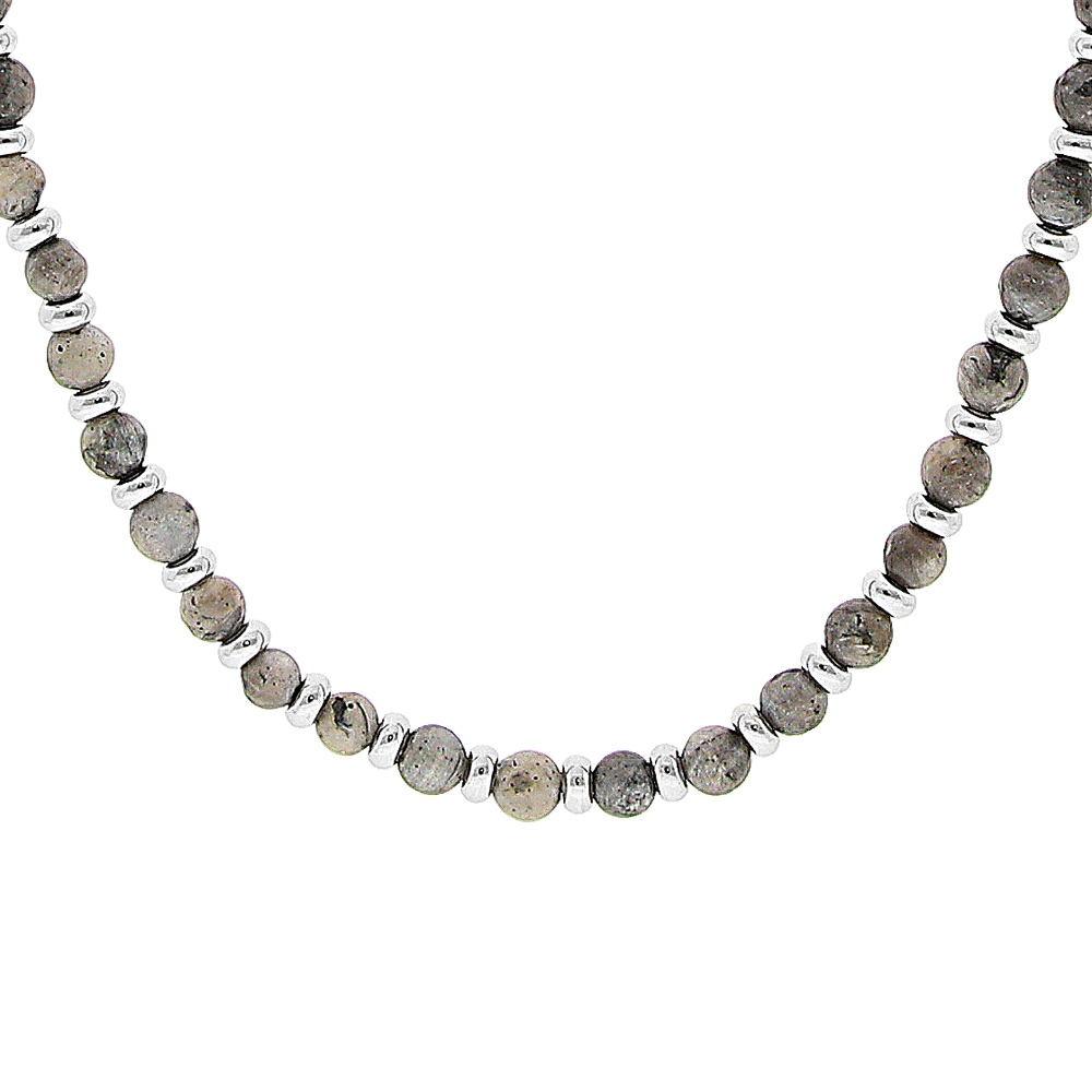 Collier perles de pierres Labradorite mat véritable et perles acier  50+5cm