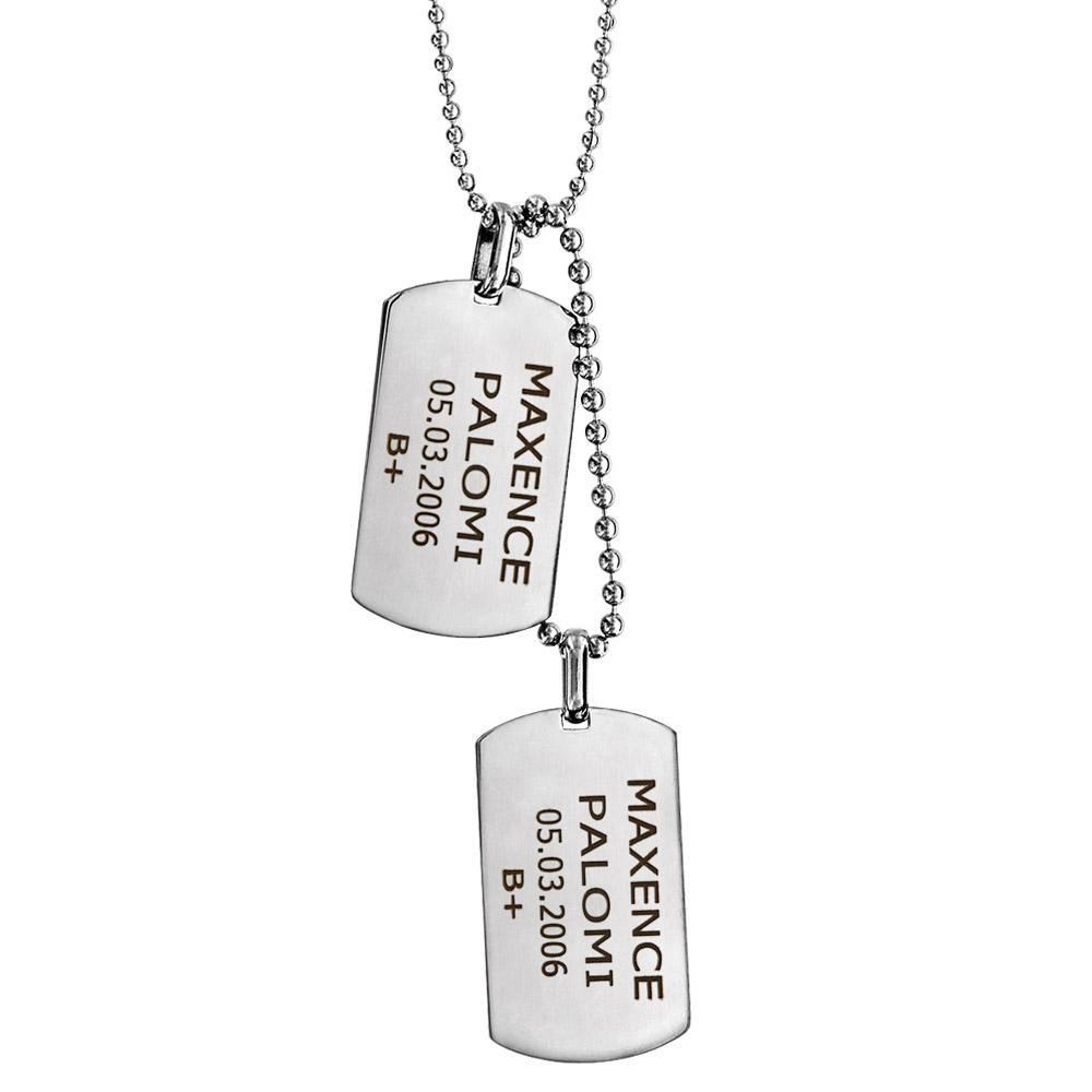 Pendentifs plaque G.I. en acier à graver - 2 plaques G.I. pans arrondis + 2 chaînes Boules - longueur 50cm + 10cm