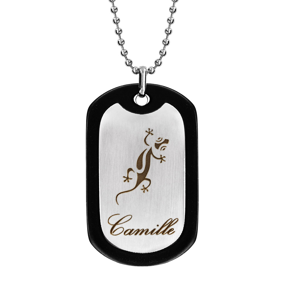 Collier en acier chaîne boules avec plaque G.I. pans arrondis de 32mm X 52mm avec contour en caoutchouc noir - longueur 50cm + 10cm de rallonge
