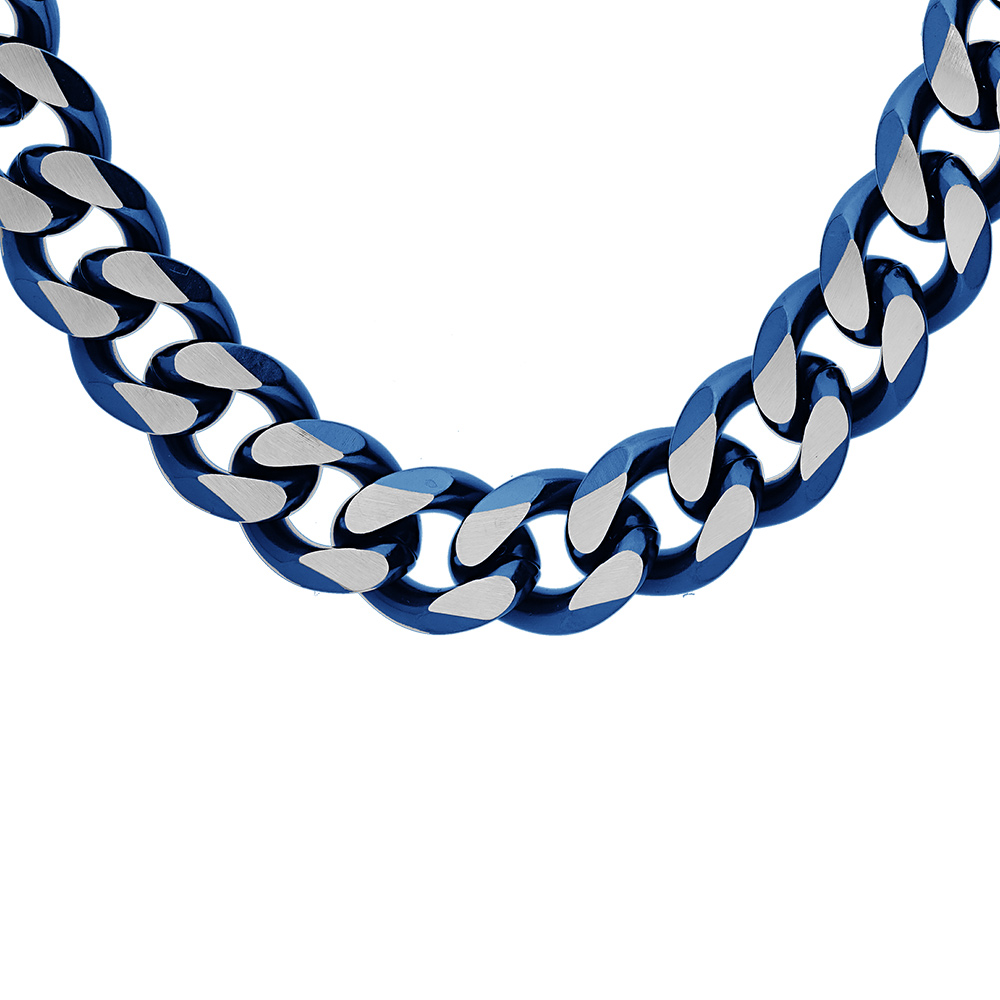 Collier en acier maille gourmette 10mm PVD brossé aspect patiné chanfrein bleu 55cm