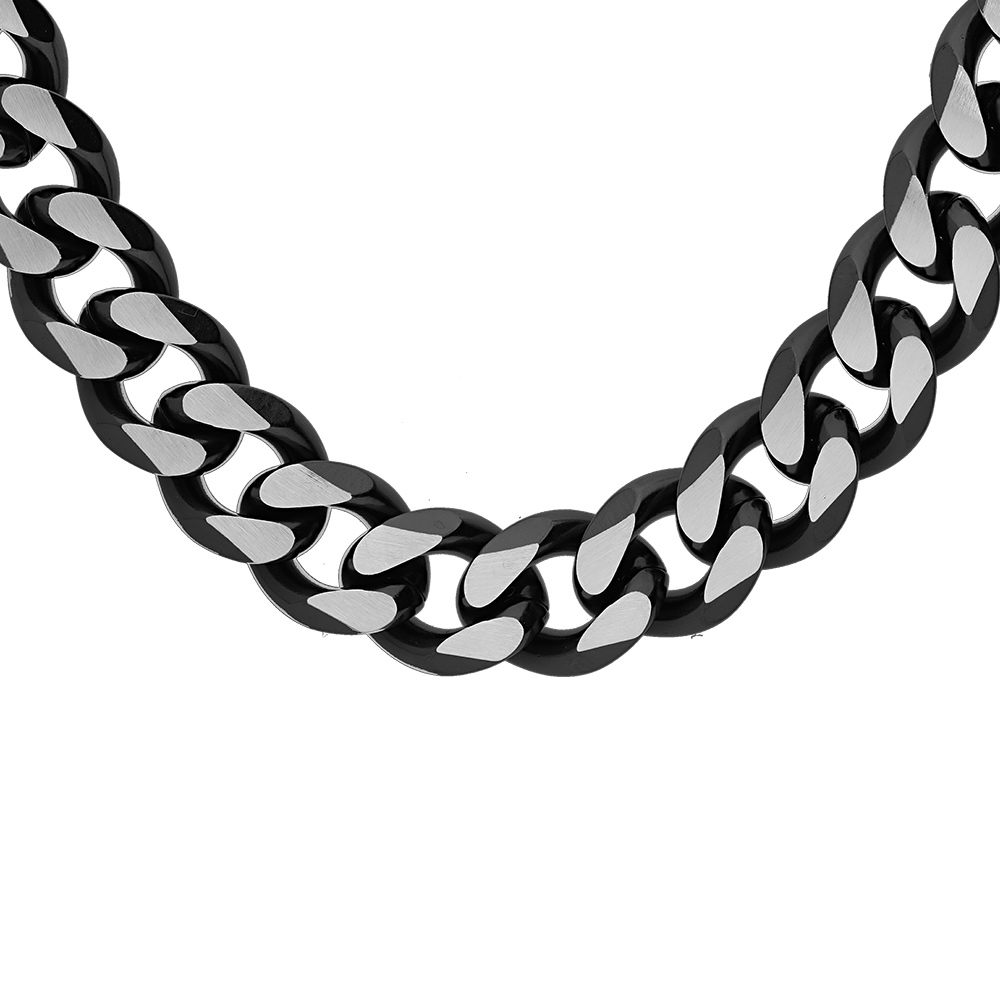 Collier en acier maille gourmette 10mm PVD brossé aspect patiné chanfrein noir 55cm
