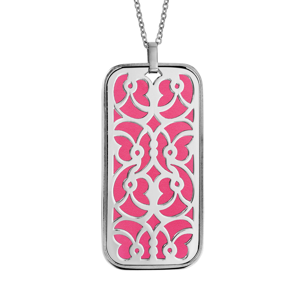 Collier en acier pendentif motifs volutes polyuréthane fuschia 45cm + 10cm