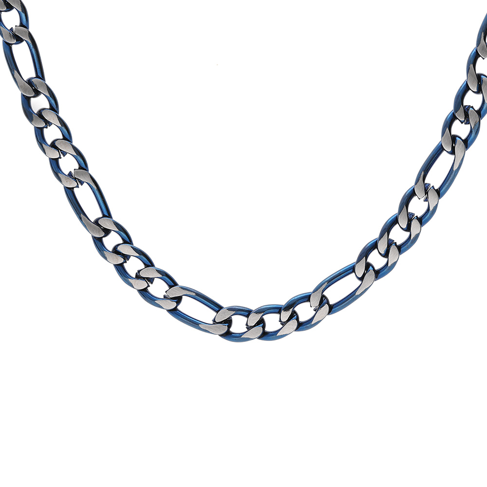 Collier en acier maille 1+3 largeur 4mm PVD brossé aspect patiné chanfrein bleu longueur 55cm