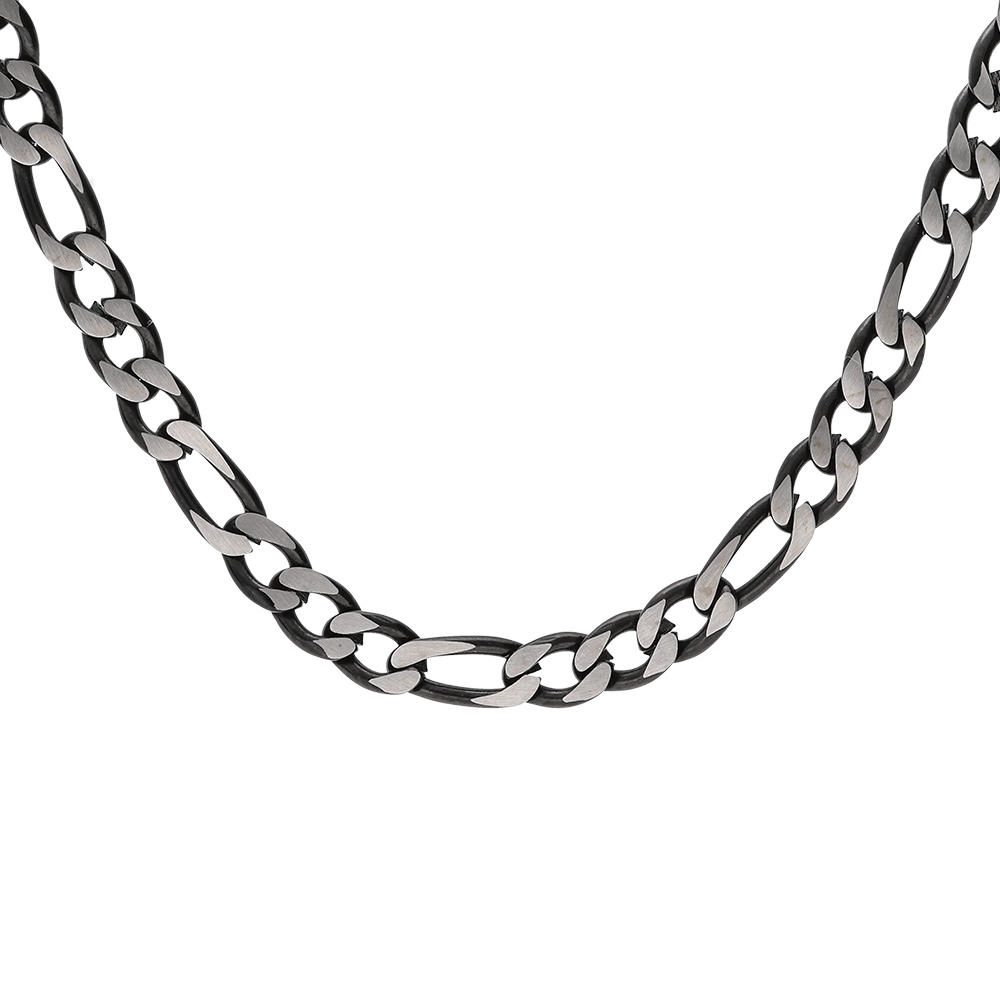Collier en acier maille 1+3 largeur 4mm PVD brossé aspect patiné chanfrein noir longueur 55cm