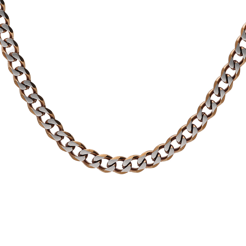 Collier en acier maille gourmette 4mm effet brossé et aspet patiné avec chanfrein  marron 50cm
