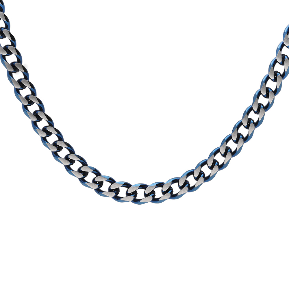 Collier en acier maille gourmette 4mm effet brossé et aspet patiné avec chanfrein bleu 55cm
