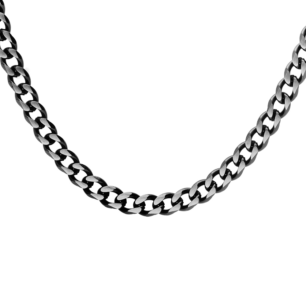 Collier en acier maille gourmette 4mm PVD brossé aspect patiné chanfrein noir longueur 55cm