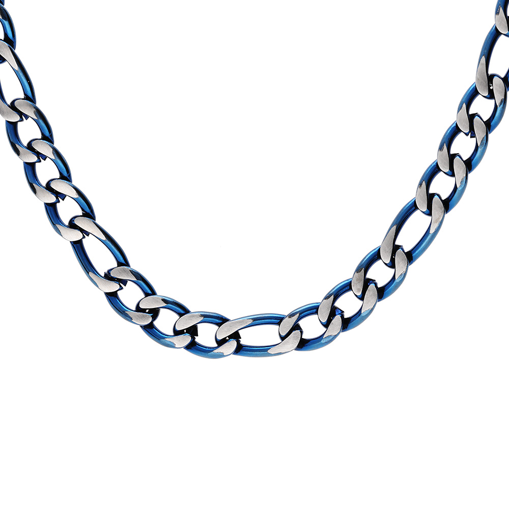 Collier en acier maille 1+3 en 5mm effet brossé, aspect patiné et chanfrein  bleu 50cm