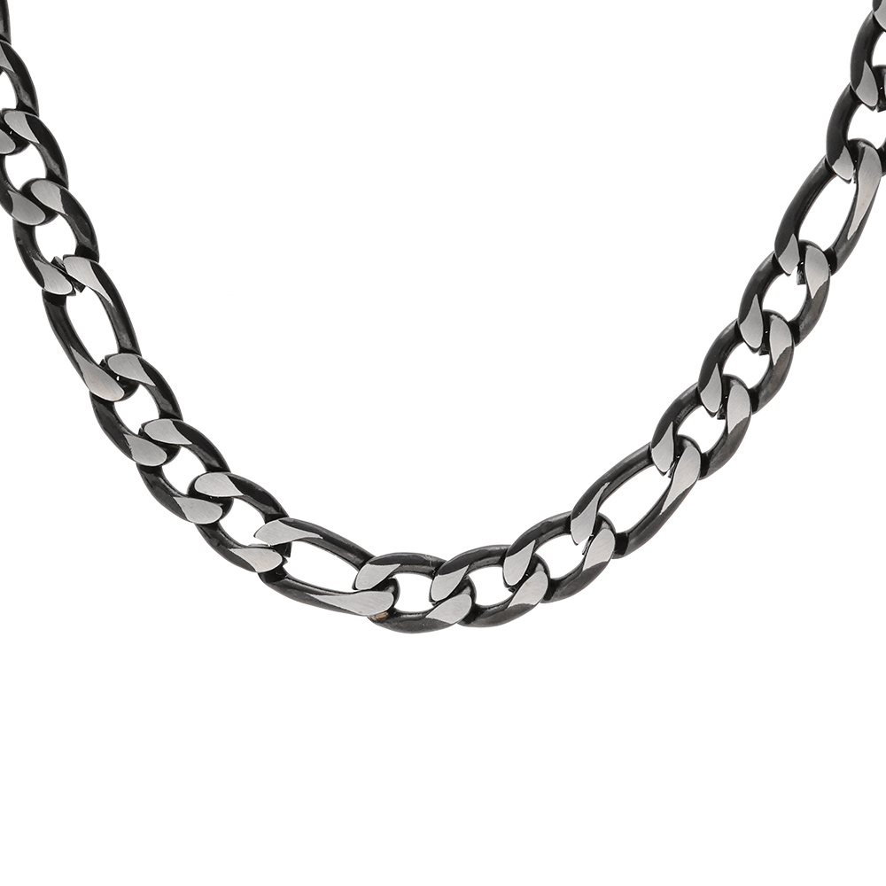 Collier en acier maille 1+3 en 5mm effet brossé, aspect patiné et chanfrein  noir 50cm