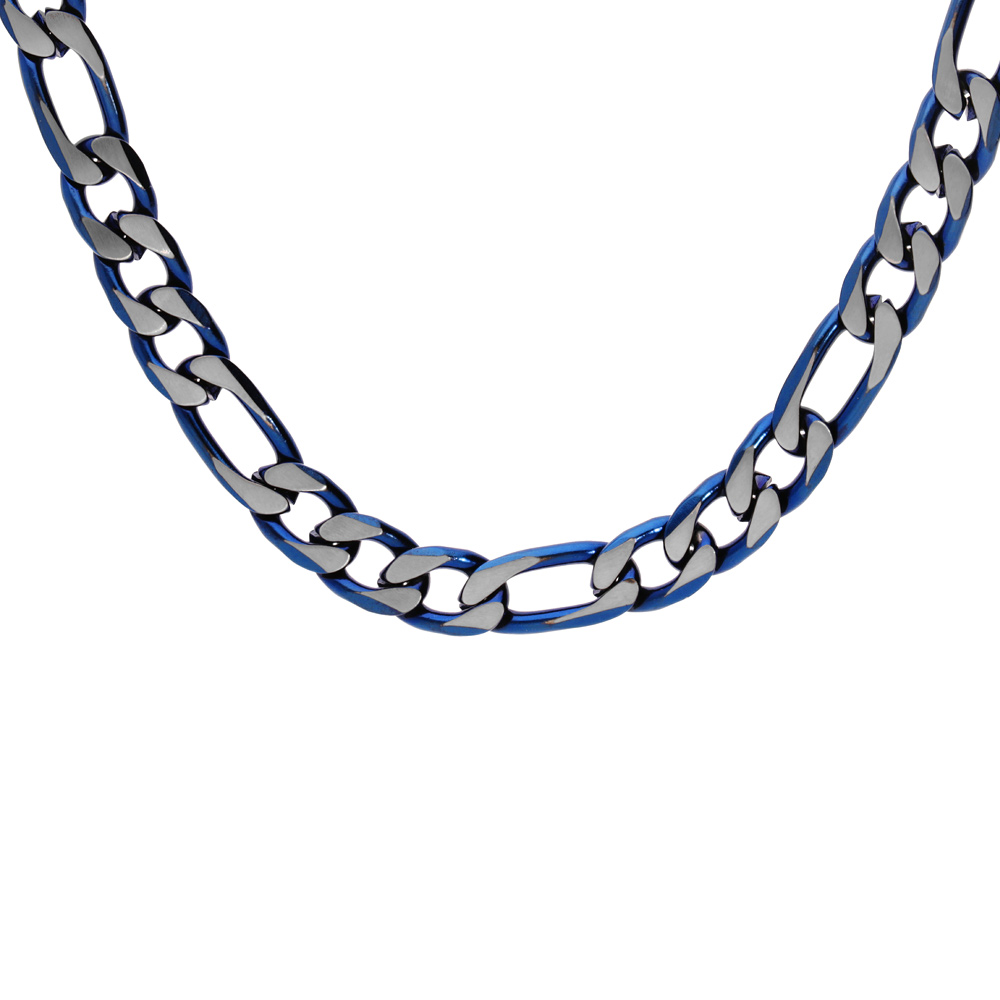 Collier en acier maille 1+3 larguer 6mm et PVD brossé aspect patiné chanfrein bleu 55cm