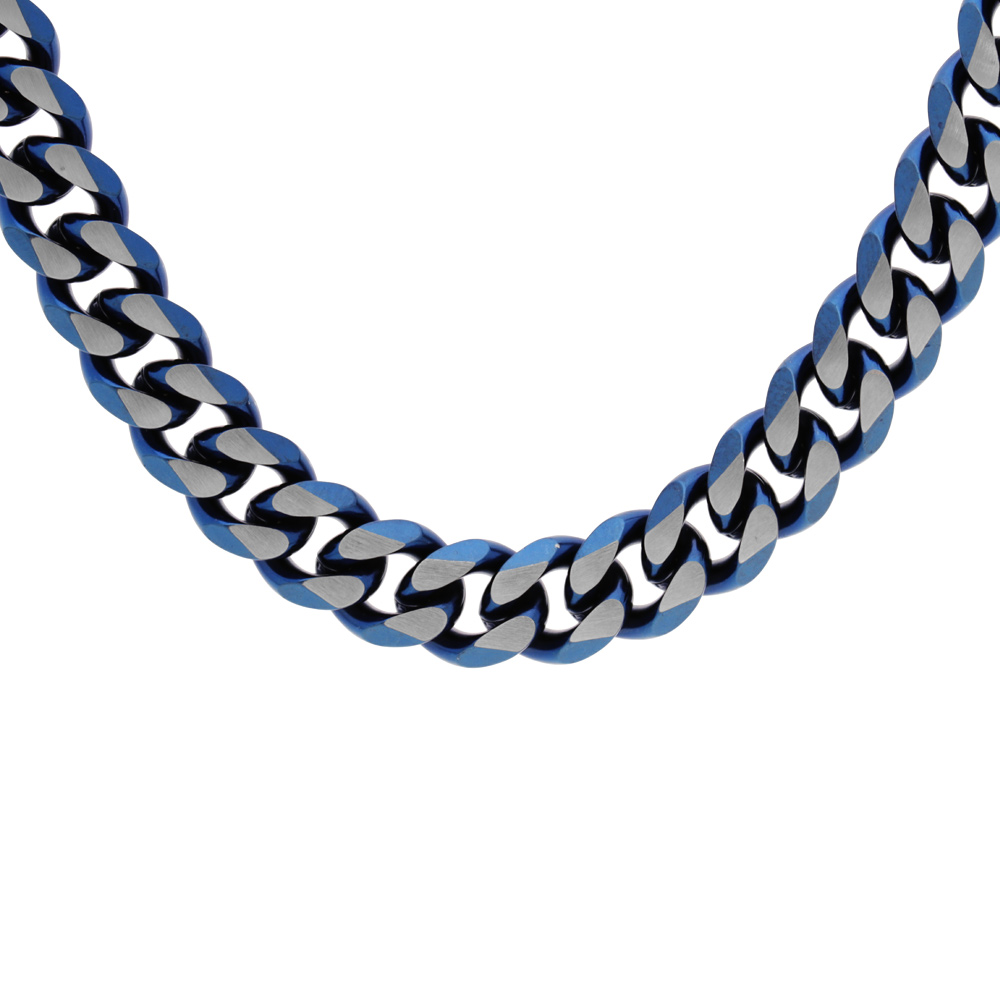 Collier en acier maille gourmette largeur 8mm avec PVD brossé aspect patiné chanfrein bleu 55cm