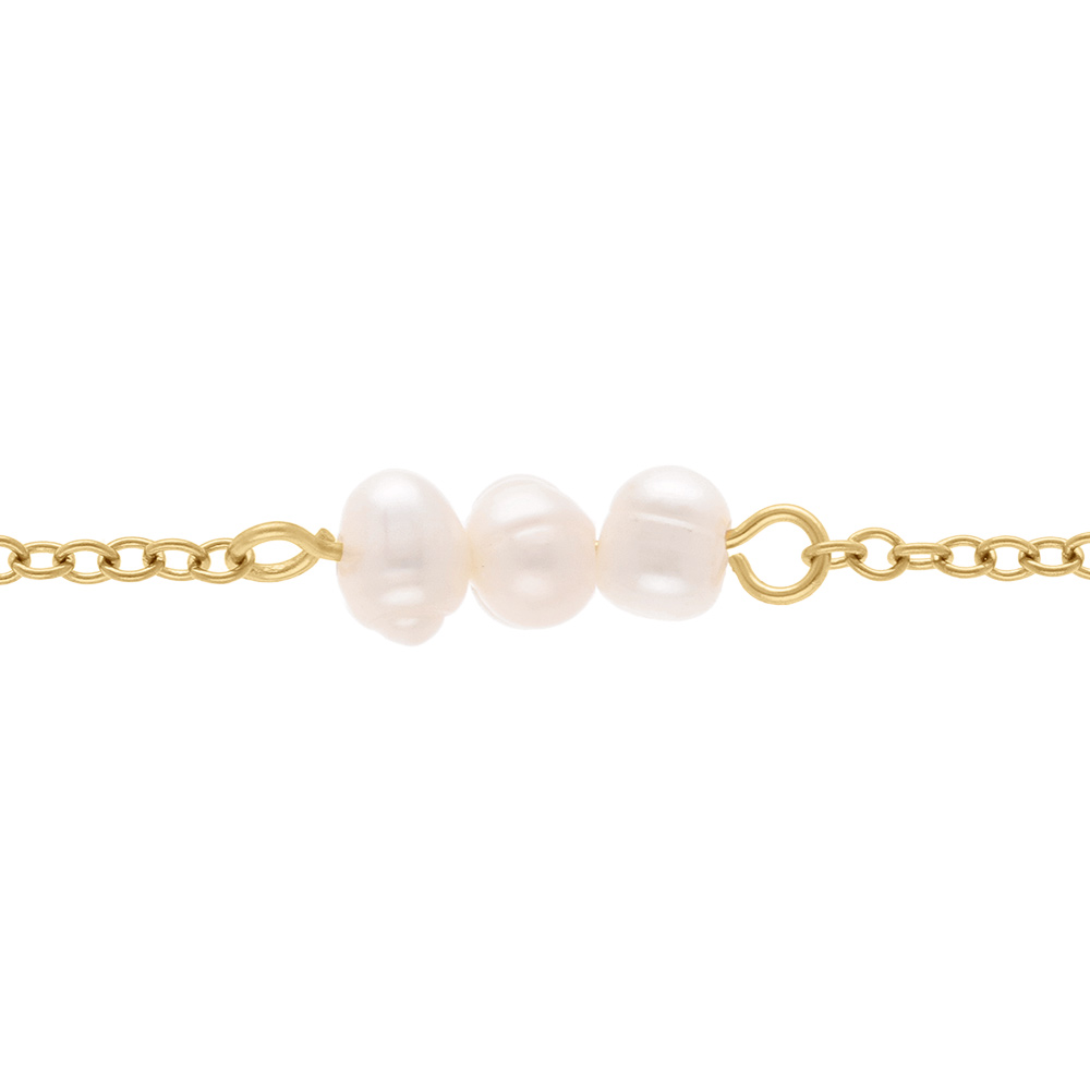 Chaîne cheville en acier doré trois perles blanches imitation - 21+3cm Chaîne cheville en acier doré trois perles blanches imitation - 21+3cm
