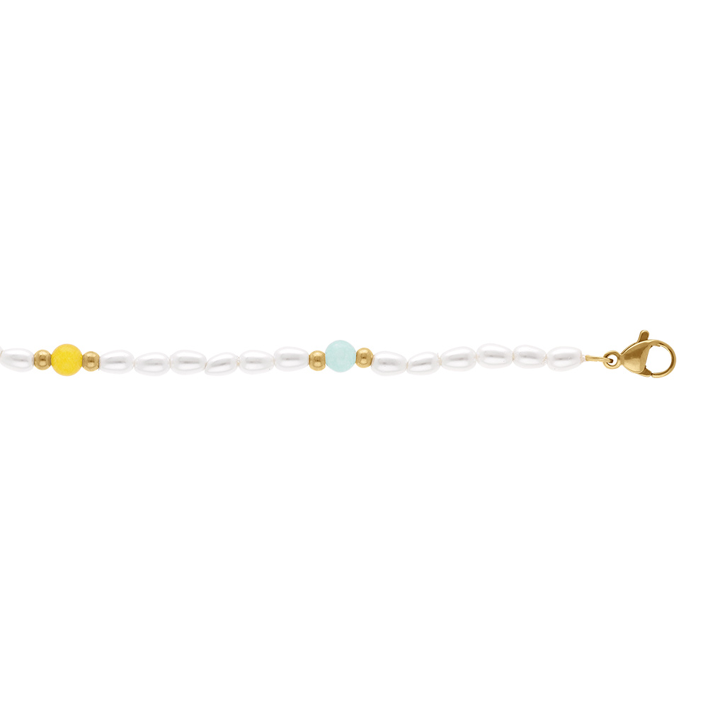 Chaîne cheville en acier doré perles blanches imitation et boules couleurs - 23.5+3.5cm