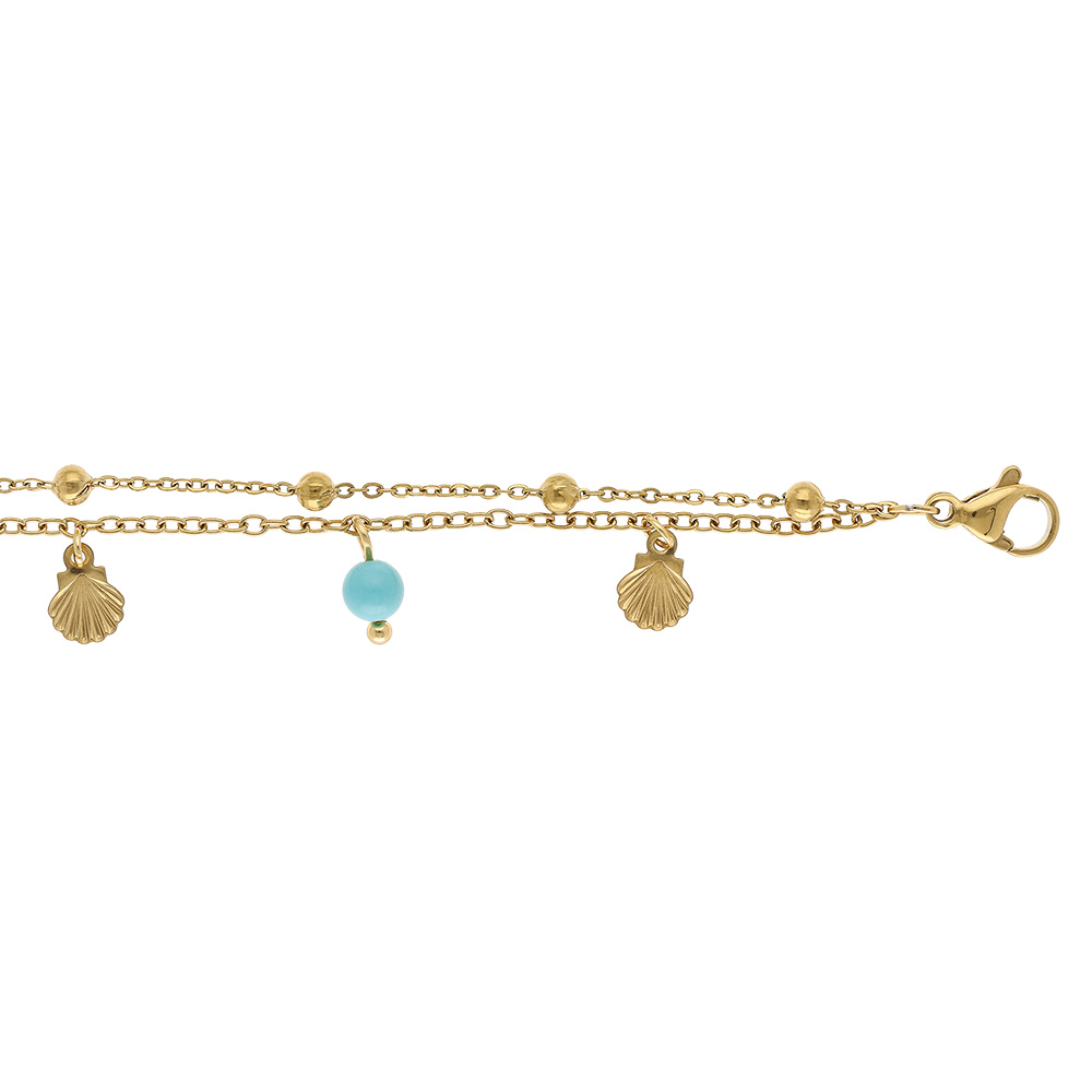 Chaîne cheville en acier doré deux rangs avec pampilles coquillages et boules turquoise -  23.5+3.5cm