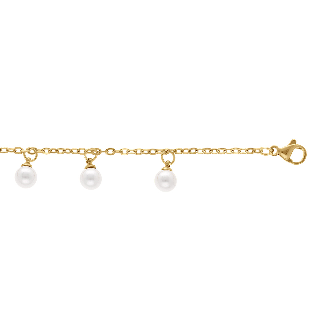 Chaîne cheville en acier doré avec pampilles perles blanches imitation -  22+6cm