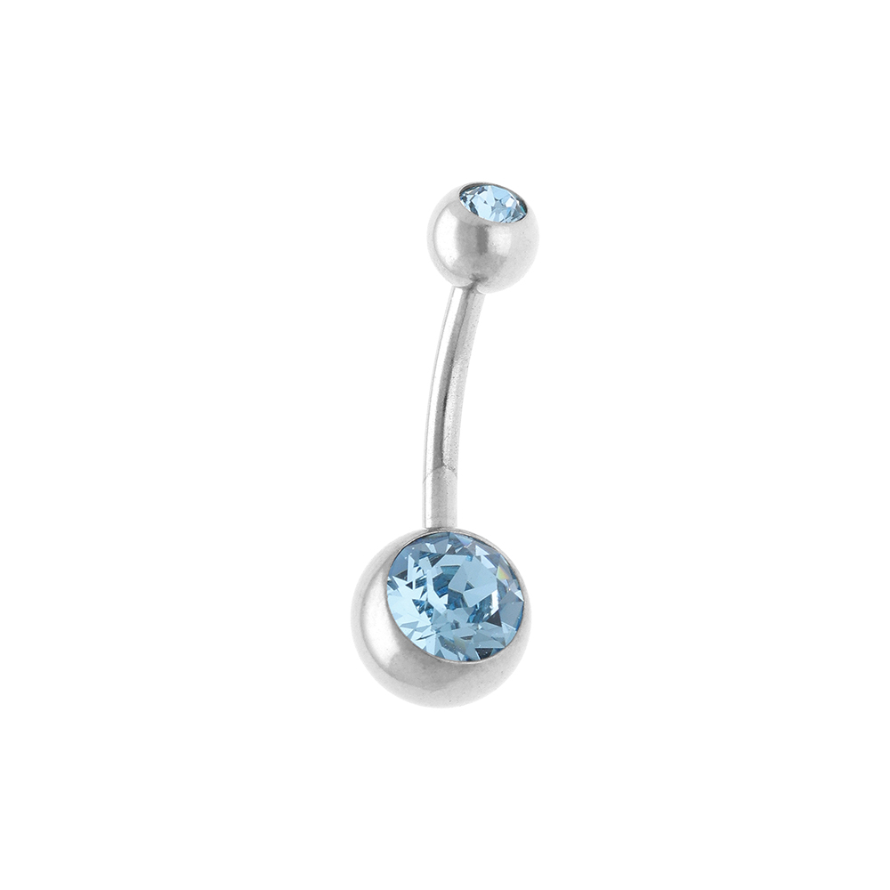 Piercing de nombril en acier et avec oxydes bleu ciel sur les boules