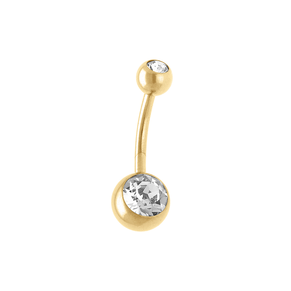 Piercing nombril en acier dore boule pierres blanches