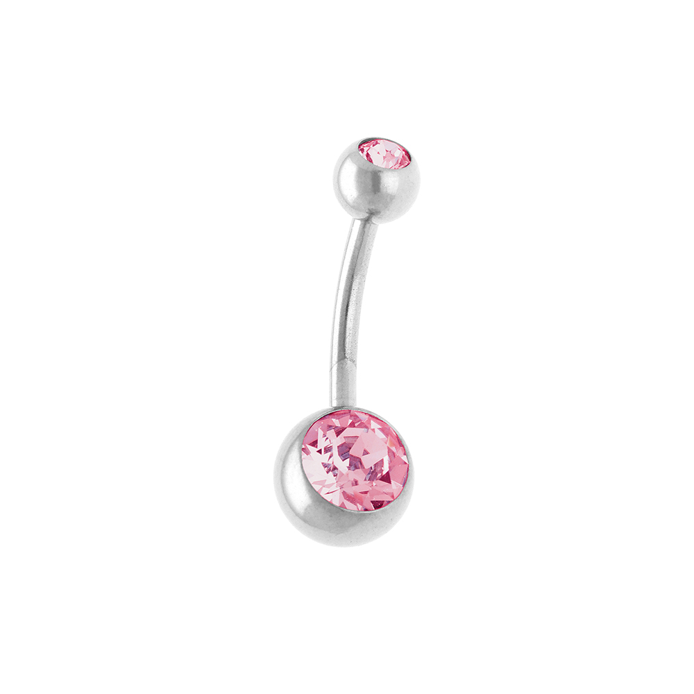 Piercing de nombril en acier et avec oxydes roses sur les boules